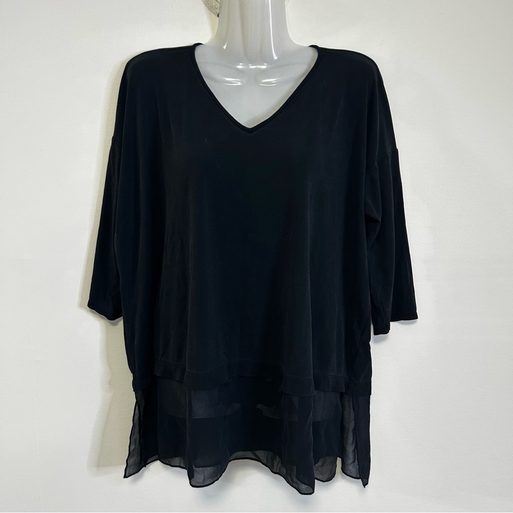 Eileen Fisher Black Silk 3/4 Sleeve Tunic Top Sheer Trim